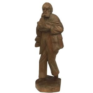 Hand Carved Wood Folk Art Barefooted Peasant Farmer Man Sowing Seeds Figurine